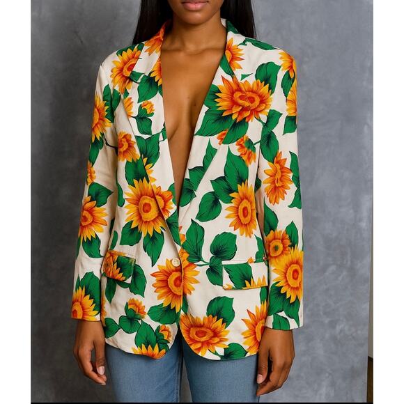 Vintage Sunflower Print Silk One Button Blazer S Sanyo 90's Work Casual Career - Picture 1 of 11